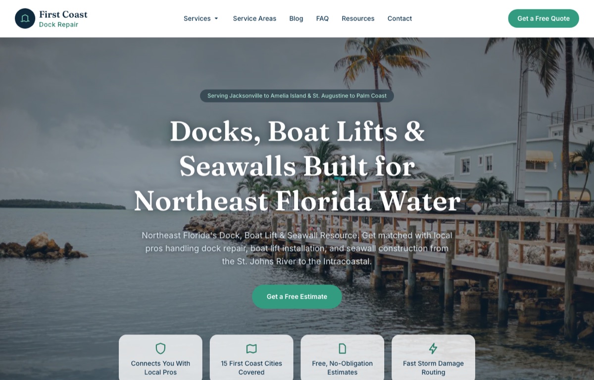 Homepage of DockRepairFirstCoast.com, a dock and boat lift lead generation site covering 15 Northeast Florida cities